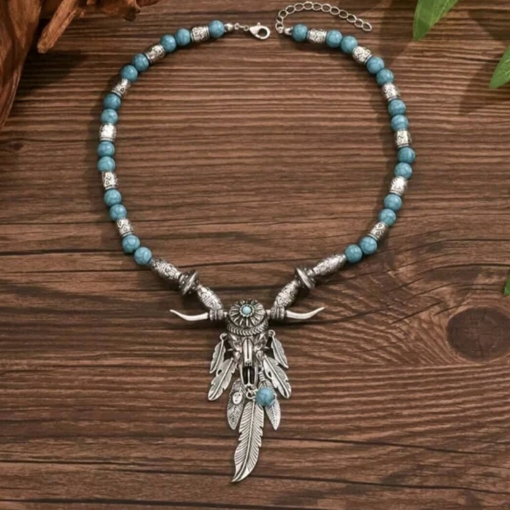 🩵Western Native Turquoise Look-Synthetic Stones Steer & Feathers Necklace NWT - Picture 2 of 12